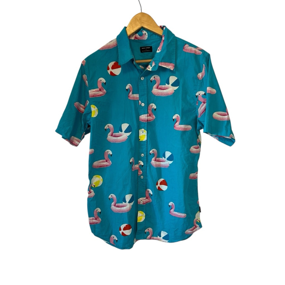 Ocean Current Flamingo Print Button Up Shirt Mens Large Teal Tropical Short Slee